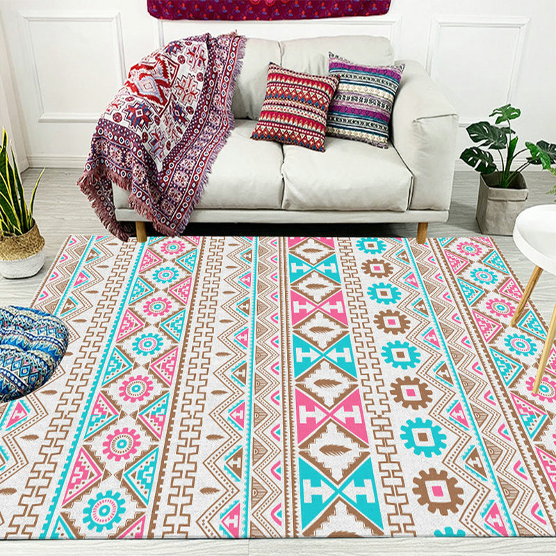 Banded Tribal Printed Rug with Native Symbols Polyester Washable Non-Slip Stain Resistant Area Rug for Bedroom in Blue and Pink Clearhalo 'Area Rug' 'Rugs' 'Southwestern' Rug' 1503824