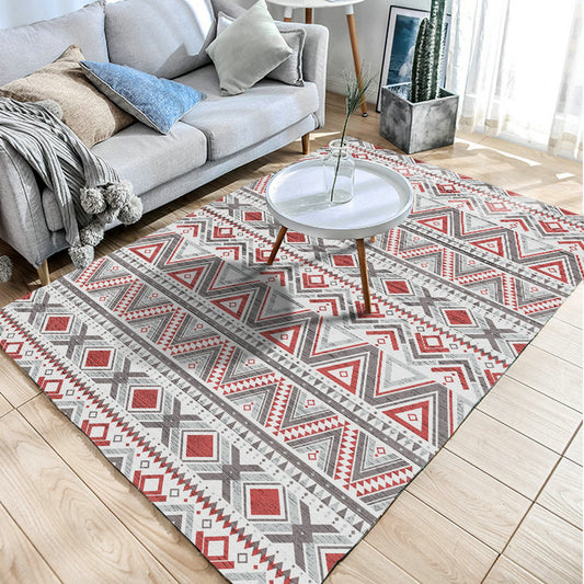 Red and Grey Bohemian Tribal Stripes Rug with Chevron Polyester Anti-Slip Backing Power Loom Indoor Area Carpet Red-White Clearhalo 'Area Rug' 'Rugs' 'Southwestern' Rug' 1503830