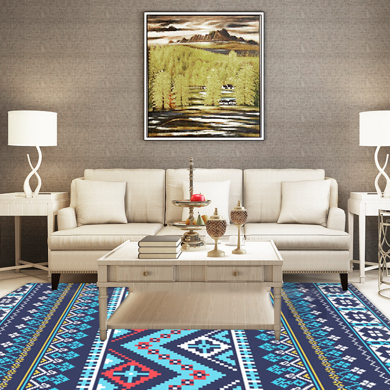 Blue Banded Tribal Printed Rug with Native Symbols Polyester Washable Non-Slip Stain Resistant Area Rug for Living Room Clearhalo 'Area Rug' 'Rugs' 'Southwestern' Rug' 1503859