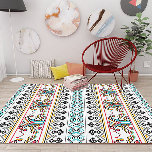 Native Indian Striped Rug Polyester Washable Non-Slip Stain Resistant Floor Covering for Fireplace in Pink and Blue White-Blue