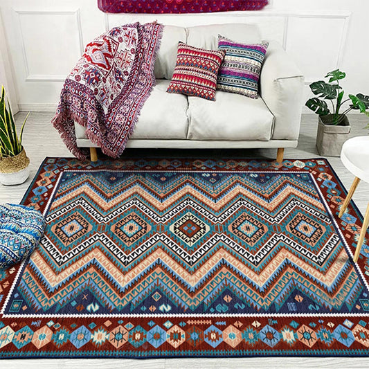 Framed Diamond Aztec Area Rug with Tribal Symbols Polyester Anti-Slip Backing Power Loom Indoor Area Rug for Living Room Blue-Red Clearhalo 'Area Rug' 'Rugs' 'Southwestern' Rug' 1503871