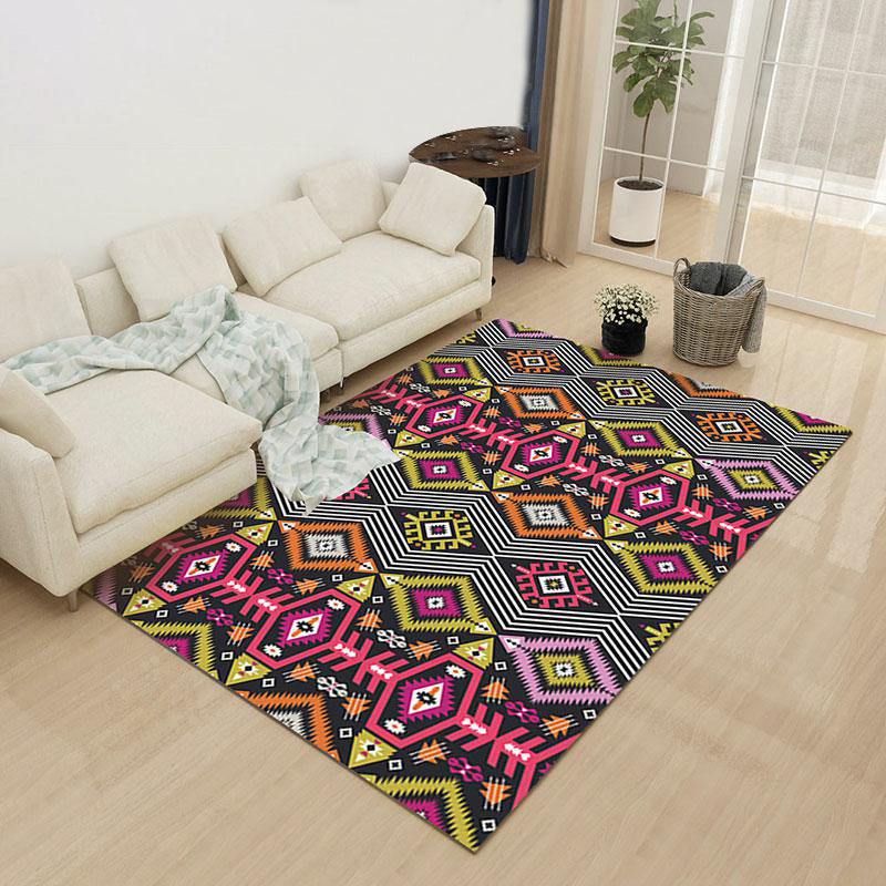 Yellow Pink Ancestral Diamond Area Rug with Tribal Symbols Polyester Washable Pet Friendly Area Carpet for Fireplace Pink-Yellow Clearhalo 'Area Rug' 'Rugs' 'Southwestern' Rug' 1503878