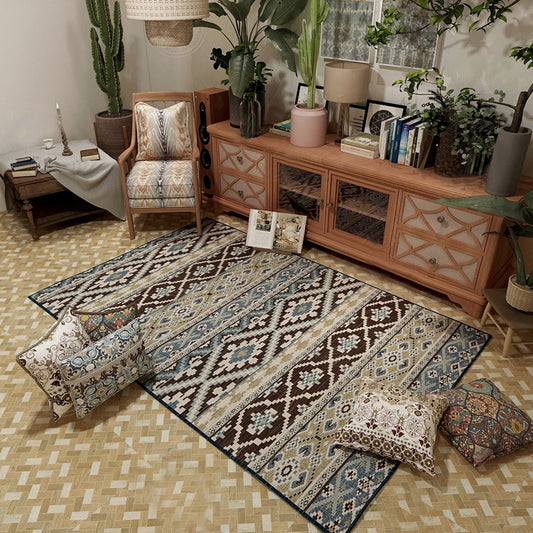 Vintage Look Banded Area Rug Moroccan Tribal Chevron Floor Covering Polyester Washable Pet Friendly Area Carpet Blue-Brown