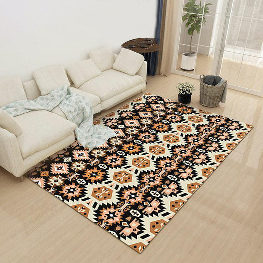 Yellow and Black Indian Tribal Printed Rug Diamond Geometric Polyester Anti-Slip Backing Stain Resistant Area Rug Black-Orange