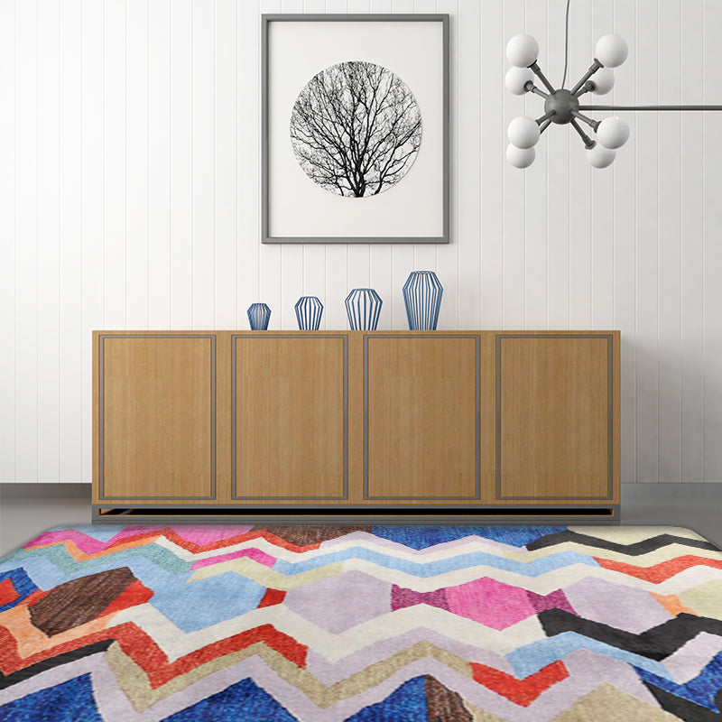 Abstract Colorful Mosaic Area Rug with Stripped Chevron Fabric Anti-Slip Power Loom Floor Covering for Living Room Pink-Blue Clearhalo 'Area Rug' 'Rugs' 'Southwestern' Rug' 1504080