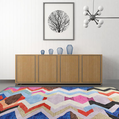 Abstract Colorful Mosaic Area Rug with Stripped Chevron Fabric Anti-Slip Power Loom Floor Covering for Living Room Pink-Blue Clearhalo 'Area Rug' 'Rugs' 'Southwestern' Rug' 1504080