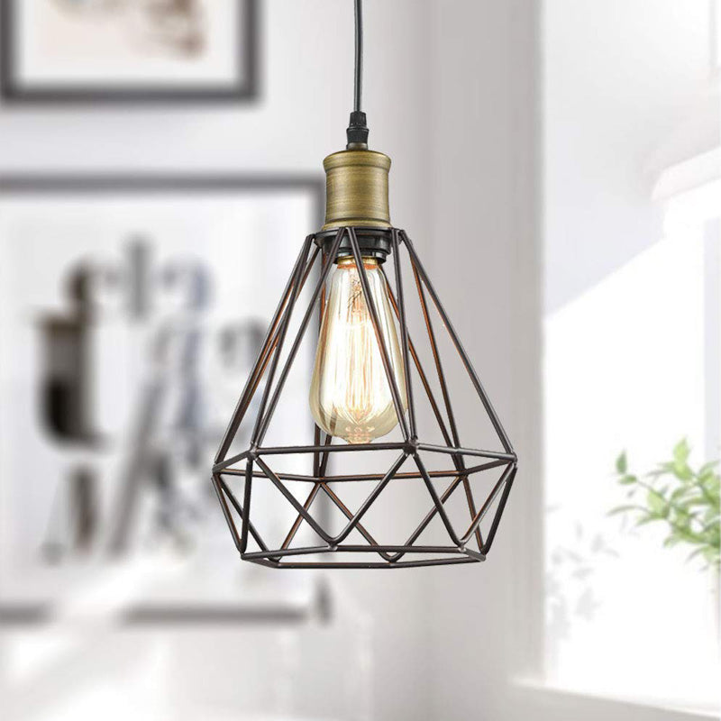 Vintage Diamond Caged Shade Hanging Ceiling Light 1 Bulb Metal Pendant Lighting in Bronze Clearhalo 'Art Deco Pendants' 'Cast Iron' 'Ceiling Lights' 'Ceramic' 'Crystal' 'Industrial Pendants' 'Industrial' 'Metal' 'Middle Century Pendants' 'Pendant Lights' 'Pendants' 'Tiffany' Lighting' 150420