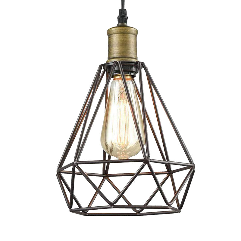 Vintage Diamond Caged Shade Hanging Ceiling Light 1 Bulb Metal Pendant Lighting in Bronze Clearhalo 'Art Deco Pendants' 'Cast Iron' 'Ceiling Lights' 'Ceramic' 'Crystal' 'Industrial Pendants' 'Industrial' 'Metal' 'Middle Century Pendants' 'Pendant Lights' 'Pendants' 'Tiffany' Lighting' 150421