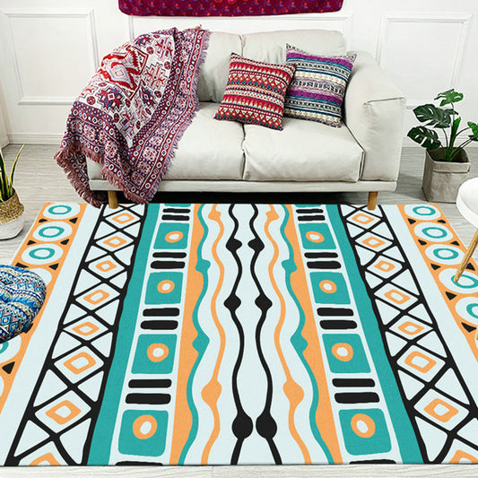 Green Striped Geometric Area Rug with Diamond and Pots Polyester Power Loom Pet Friendly Area Rug for Accent Area Blue-Green