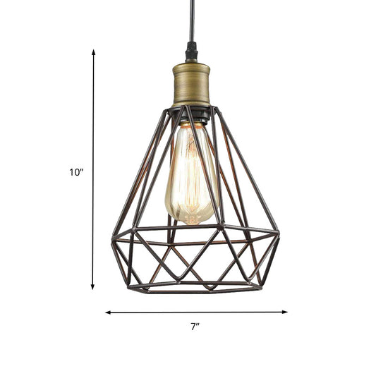 Vintage Diamond Caged Shade Hanging Ceiling Light 1 Bulb Metal Pendant Lighting in Bronze Clearhalo 'Art Deco Pendants' 'Cast Iron' 'Ceiling Lights' 'Ceramic' 'Crystal' 'Industrial Pendants' 'Industrial' 'Metal' 'Middle Century Pendants' 'Pendant Lights' 'Pendants' 'Tiffany' Lighting' 150422
