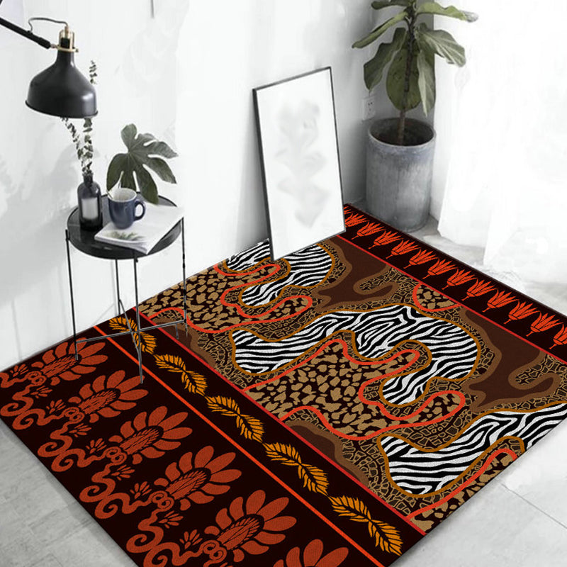 Paisley and Leopard Tribal Rug in Orange Indian Americana Scroll Synthetic Floor Covering Pet Friendly Stain Resistant Indoor Rug Dark Brown Clearhalo 'Area Rug' 'Rugs' 'Southwestern' Rug' 1504255