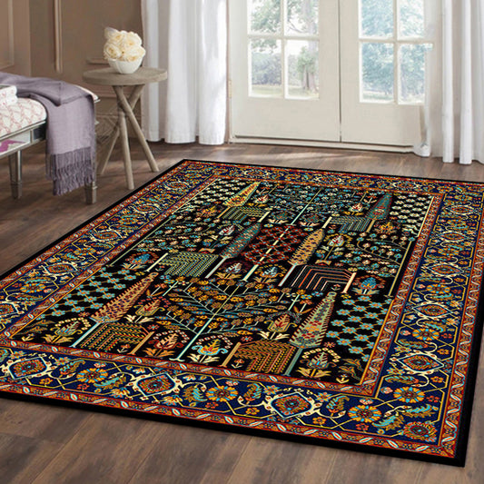 Vintage Tribal Border Medallion Floor Rug with Indian Face Mask and Botanical Power Loom Area Rug for Living Roon Black