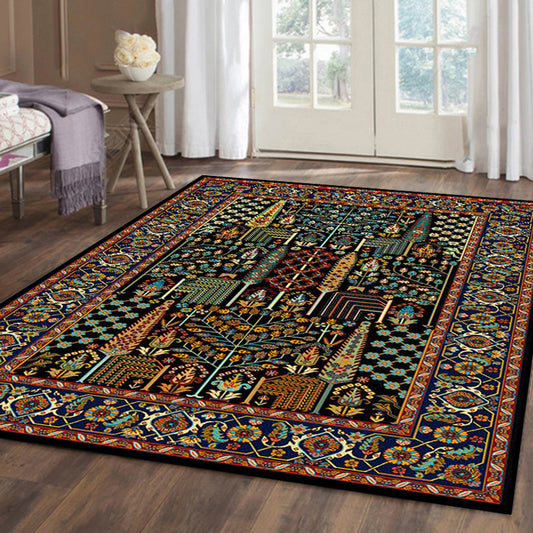 Vintage Tribal Border Medallion Floor Rug with Indian Face Mask and Botanical Power Loom Area Rug for Living Roon Black Clearhalo 'Area Rug' 'Rugs' 'Southwestern' Rug' 1504325