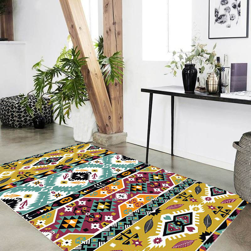 Striped Geometric Indian Tribal Area Rug with Botanical and bows Polyester Stain Resistant Area Rug in Yellow and Green Clearhalo 'Area Rug' 'Rugs' 'Southwestern' Rug' 1504344