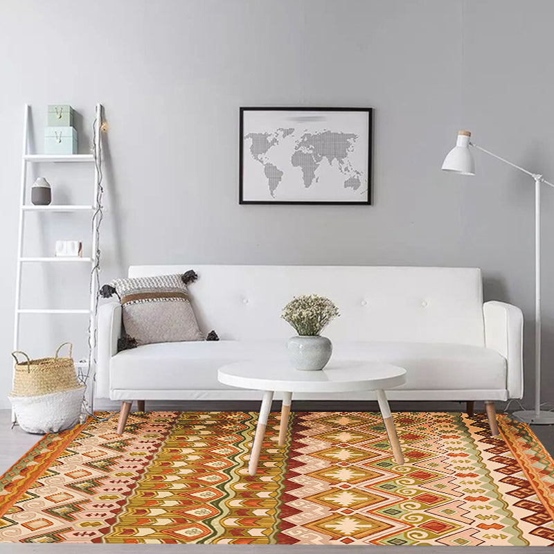 Orange Americana Indoor Rug Striped Indian Tribal Graphic Floor Covering with feathery headdress Synthetic Non-Slip Backing Rug Clearhalo 'Area Rug' 'Rugs' 'Southwestern' Rug' 1504371