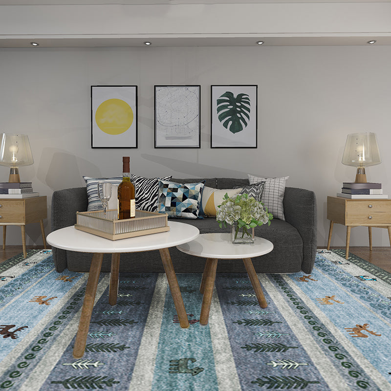 Bohemian Striped Geometric Floor Rug with Botanical and Animal Synthetic Anti-Slip Backing Pet Friendly Area Rug Blue Clearhalo 'Area Rug' 'Rugs' 'Southwestern' Rug' 1504412