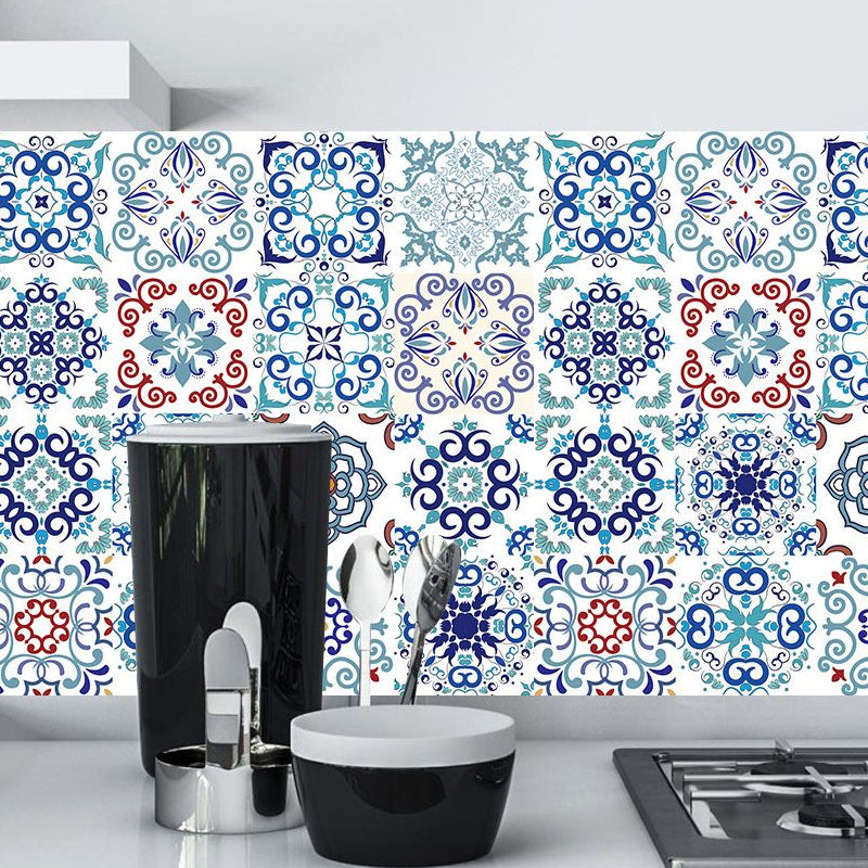 Flower Tiles Wallpaper Panel Set Multicolored Bohemian Wall Covering for Restroom, Adhesive Red-Blue-Green Clearhalo 'Wall Decor' 'Wallpaper' 1504426