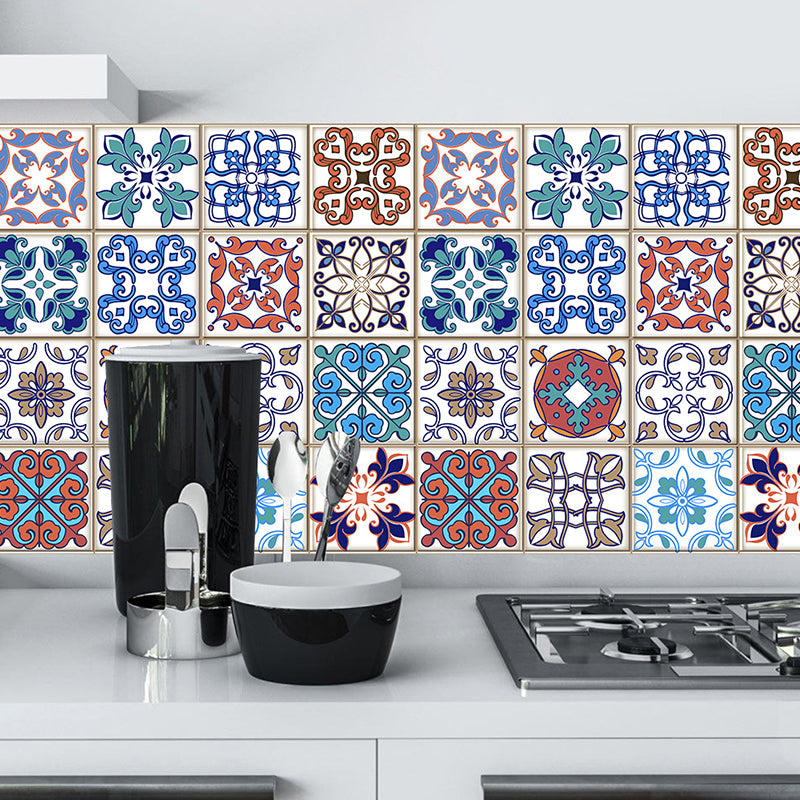 Flower Tiles Wallpaper Panel Set Multicolored Bohemian Wall Covering for Restroom, Adhesive Blue-Purple Clearhalo 'Wall Decor' 'Wallpaper' 1504431