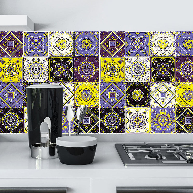 Colorful Flowers Stick Wallpapers Removable Boho Kitchen Wall Decoration (16 Pieces) Purple-Yellow Clearhalo 'Wall Decor' 'Wallpaper' 1504436