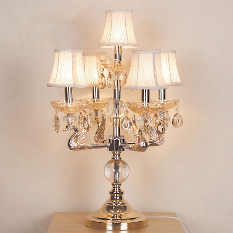 Classic Candelabra Night Table Lamp 5 Heads Clear Crystal Desk Light in Chrome with Fabric Shade Clearhalo 'Lamps' 'Table Lamps' Lighting' 1504472