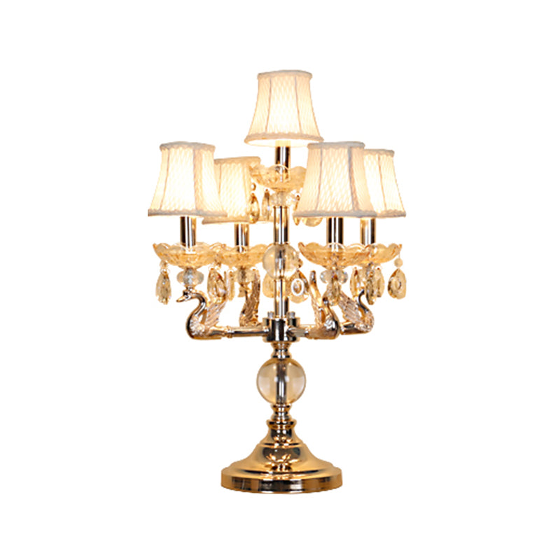 Classic Candelabra Night Table Lamp 5 Heads Clear Crystal Desk Light in Chrome with Fabric Shade Clearhalo 'Lamps' 'Table Lamps' Lighting' 1504473