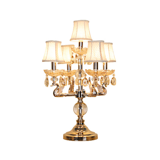Classic Candelabra Night Table Lamp 5 Heads Clear Crystal Desk Light in Chrome with Fabric Shade Clearhalo 'Lamps' 'Table Lamps' Lighting' 1504473