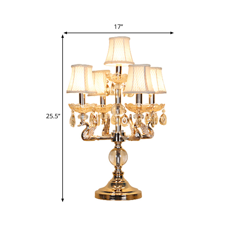 Classic Candelabra Night Table Lamp 5 Heads Clear Crystal Desk Light in Chrome with Fabric Shade Clearhalo 'Lamps' 'Table Lamps' Lighting' 1504474