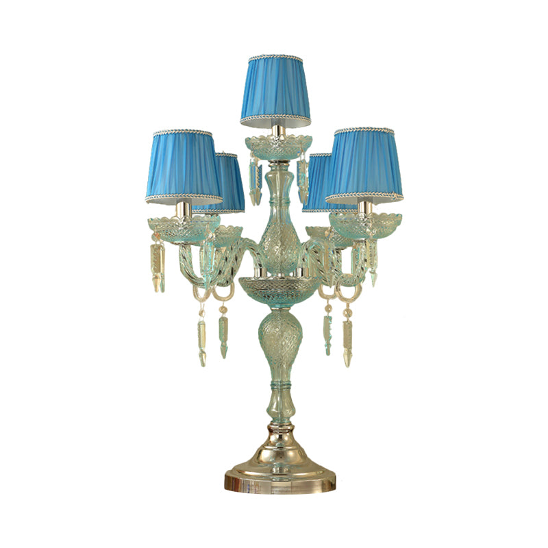 Crystal Blue Nightstand Lamp Candlestick 5/6/7 Bulbs Traditional Sleeping Room Table Light with Barrel Fabric Shade Clearhalo 'Lamps' 'Table Lamps' Lighting' 1504476