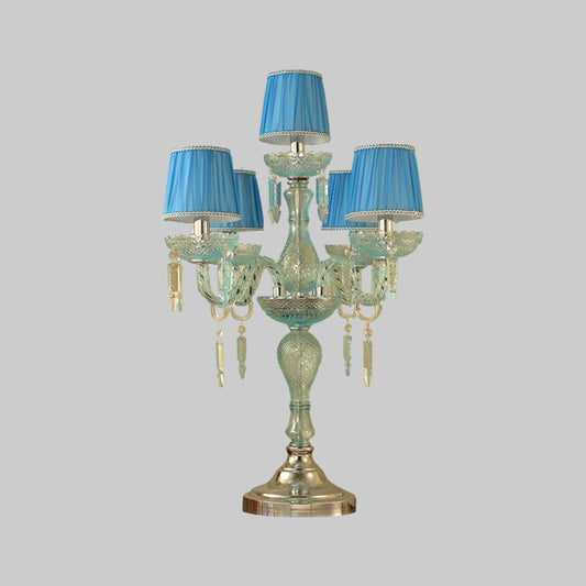 Crystal Blue Nightstand Lamp Candlestick 5/6/7 Bulbs Traditional Sleeping Room Table Light with Barrel Fabric Shade Clearhalo 'Lamps' 'Table Lamps' Lighting' 1504477