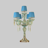 Crystal Blue Nightstand Lamp Candlestick 5/6/7 Bulbs Traditional Sleeping Room Table Light with Barrel Fabric Shade Clearhalo 'Lamps' 'Table Lamps' Lighting' 1504477