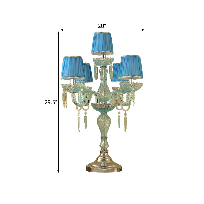 Crystal Blue Nightstand Lamp Candlestick 5/6/7 Bulbs Traditional Sleeping Room Table Light with Barrel Fabric Shade Clearhalo 'Lamps' 'Table Lamps' Lighting' 1504478