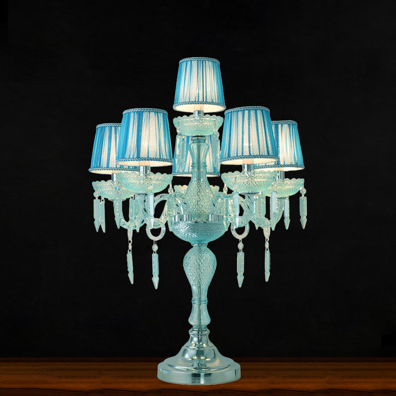 Crystal Blue Nightstand Lamp Candlestick 5/6/7 Bulbs Traditional Sleeping Room Table Light with Barrel Fabric Shade Clearhalo 'Lamps' 'Table Lamps' Lighting' 1504480
