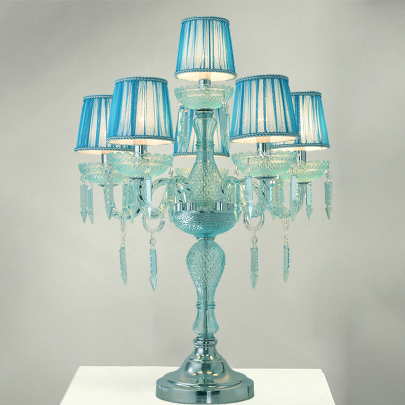Crystal Blue Nightstand Lamp Candlestick 5/6/7 Bulbs Traditional Sleeping Room Table Light with Barrel Fabric Shade Clearhalo 'Lamps' 'Table Lamps' Lighting' 1504481