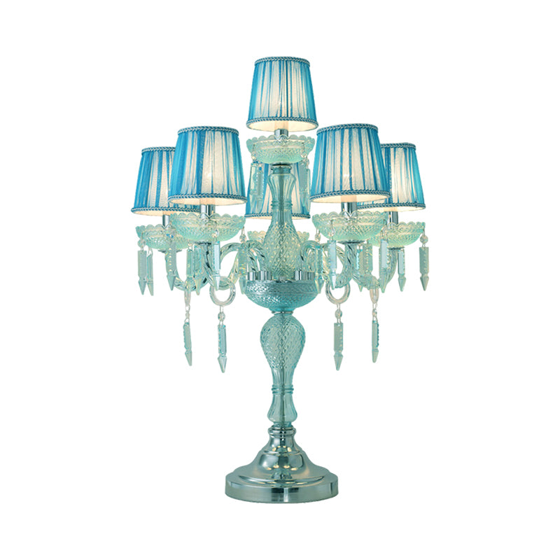 Crystal Blue Nightstand Lamp Candlestick 5/6/7 Bulbs Traditional Sleeping Room Table Light with Barrel Fabric Shade Clearhalo 'Lamps' 'Table Lamps' Lighting' 1504482