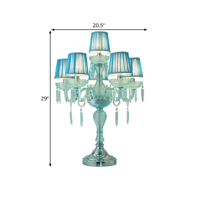 Crystal Blue Nightstand Lamp Candlestick 5/6/7 Bulbs Traditional Sleeping Room Table Light with Barrel Fabric Shade Clearhalo 'Lamps' 'Table Lamps' Lighting' 1504483