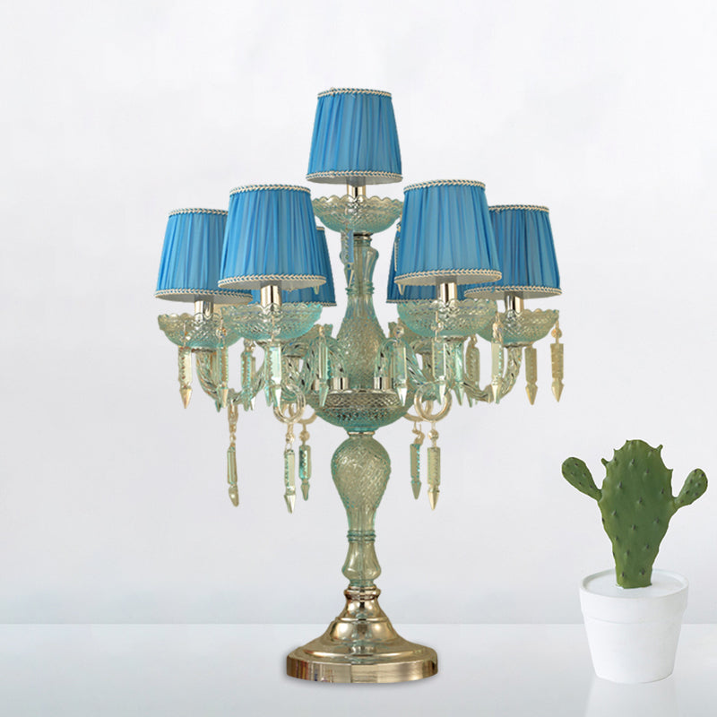 Crystal Blue Nightstand Lamp Candlestick 5/6/7 Bulbs Traditional Sleeping Room Table Light with Barrel Fabric Shade 7.0 Blue Clearhalo 'Lamps' 'Table Lamps' Lighting' 1504484