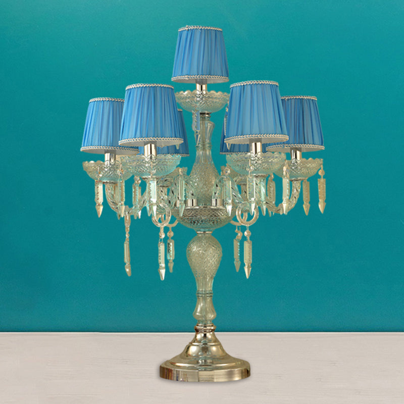 Crystal Blue Nightstand Lamp Candlestick 5/6/7 Bulbs Traditional Sleeping Room Table Light with Barrel Fabric Shade Clearhalo 'Lamps' 'Table Lamps' Lighting' 1504486