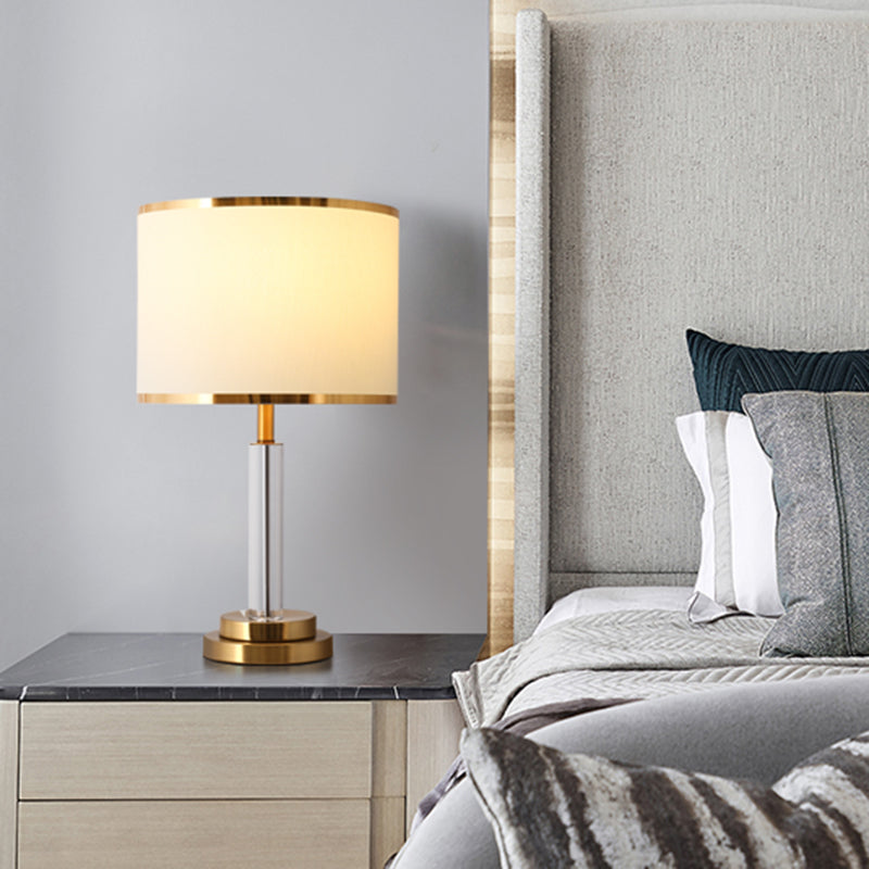 White 1 Bulb Table Light Traditional Fabric Shade Circular Night Stand Lamp with Clear Crystal Lamp-Post Gold Clearhalo 'Lamps' 'Table Lamps' Lighting' 1504489