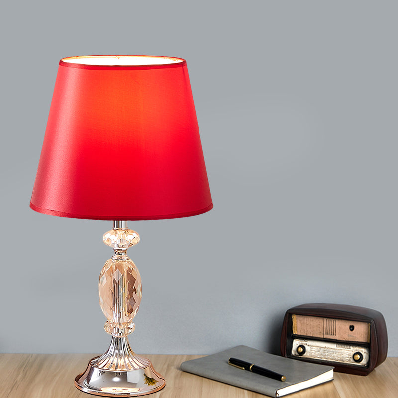 1 Bulb Fabric Shade Table Light Traditional Red/Coffee/Flaxen Tapered Sleeping Room Nightstand Lamp with Beveled Crystal Blocks Red Clearhalo 'Lamps' 'Table Lamps' Lighting' 1504493