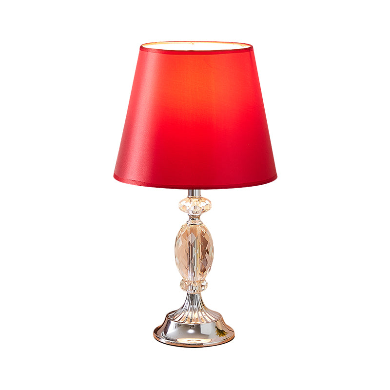 1 Bulb Fabric Shade Table Light Traditional Red/Coffee/Flaxen Tapered Sleeping Room Nightstand Lamp with Beveled Crystal Blocks Clearhalo 'Lamps' 'Table Lamps' Lighting' 1504495