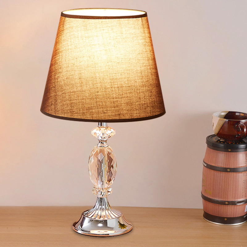 1 Bulb Fabric Shade Table Light Traditional Red/Coffee/Flaxen Tapered Sleeping Room Nightstand Lamp with Beveled Crystal Blocks Clearhalo 'Lamps' 'Table Lamps' Lighting' 1504498