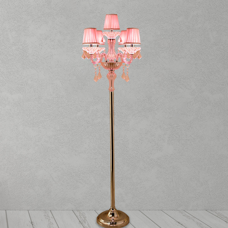 Crystal Pink Floor Reading Lamp Candlestick 5/6/7-Head Traditional Standing Light with Pleated Lampshade 5.0 Pink Clearhalo 'Floor Lamps' 'Lamps' Lighting' 1504522