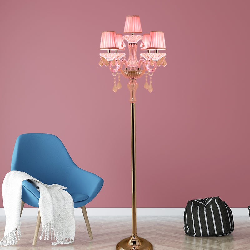 Crystal Pink Floor Reading Lamp Candlestick 5/6/7-Head Traditional Standing Light with Pleated Lampshade Clearhalo 'Floor Lamps' 'Lamps' Lighting' 1504523
