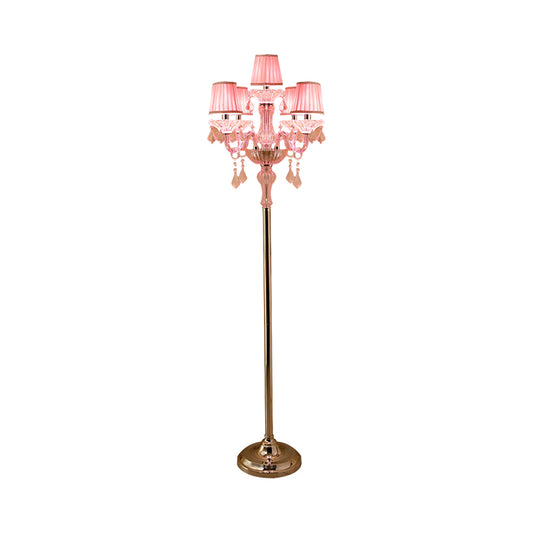 Crystal Pink Floor Reading Lamp Candlestick 5/6/7-Head Traditional Standing Light with Pleated Lampshade Clearhalo 'Floor Lamps' 'Lamps' Lighting' 1504524