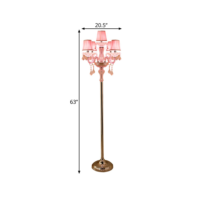 Crystal Pink Floor Reading Lamp Candlestick 5/6/7-Head Traditional Standing Light with Pleated Lampshade Clearhalo 'Floor Lamps' 'Lamps' Lighting' 1504525