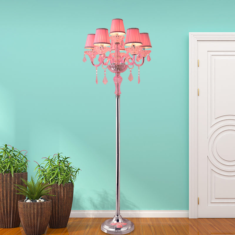 Crystal Pink Floor Reading Lamp Candlestick 5/6/7-Head Traditional Standing Light with Pleated Lampshade 6.0 Pink Clearhalo 'Floor Lamps' 'Lamps' Lighting' 1504526