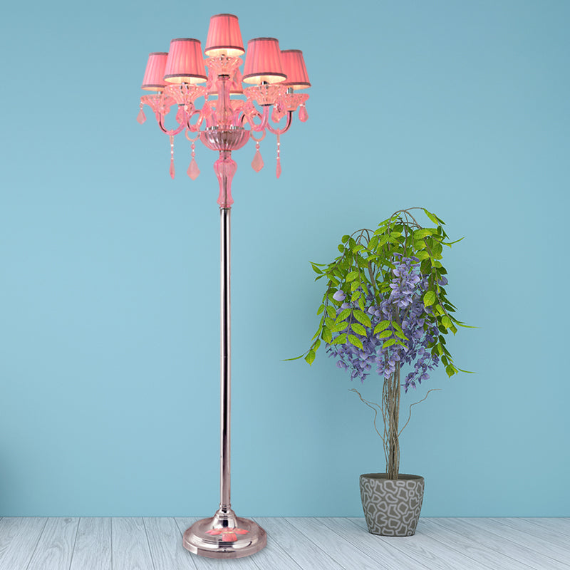 Crystal Pink Floor Reading Lamp Candlestick 5/6/7-Head Traditional Standing Light with Pleated Lampshade Clearhalo 'Floor Lamps' 'Lamps' Lighting' 1504527