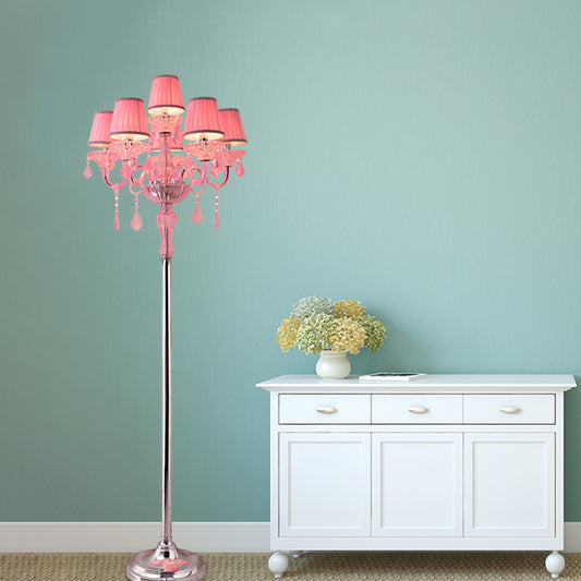 Crystal Pink Floor Reading Lamp Candlestick 5/6/7-Head Traditional Standing Light with Pleated Lampshade Clearhalo 'Floor Lamps' 'Lamps' Lighting' 1504528