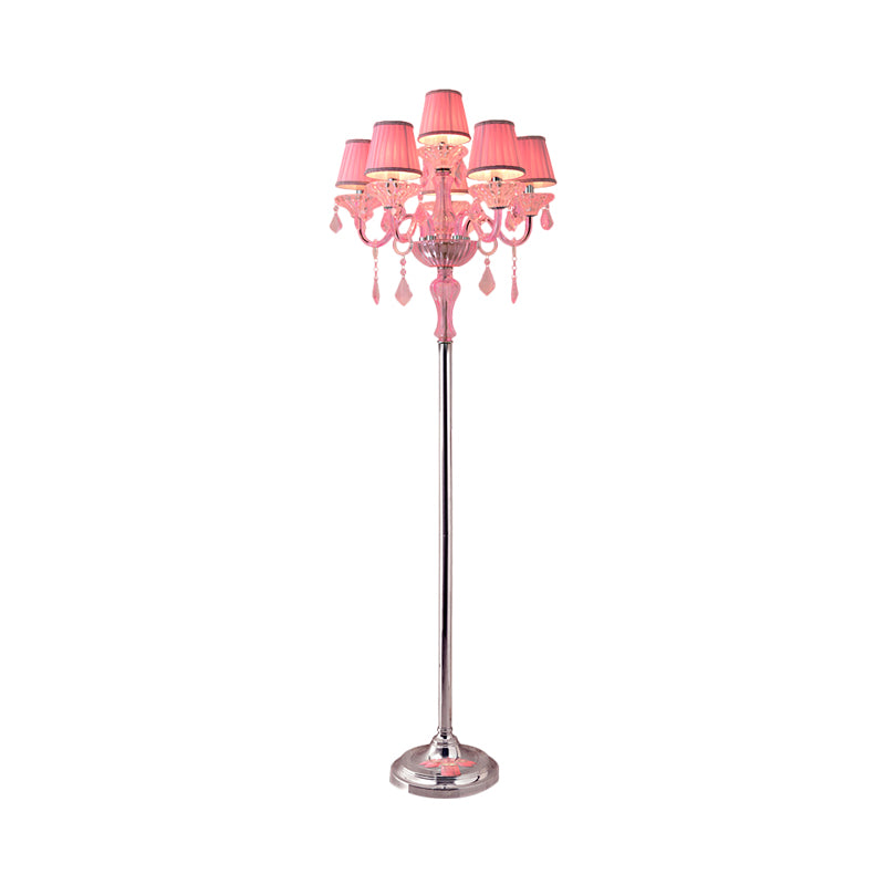 Crystal Pink Floor Reading Lamp Candlestick 5/6/7-Head Traditional Standing Light with Pleated Lampshade Clearhalo 'Floor Lamps' 'Lamps' Lighting' 1504529