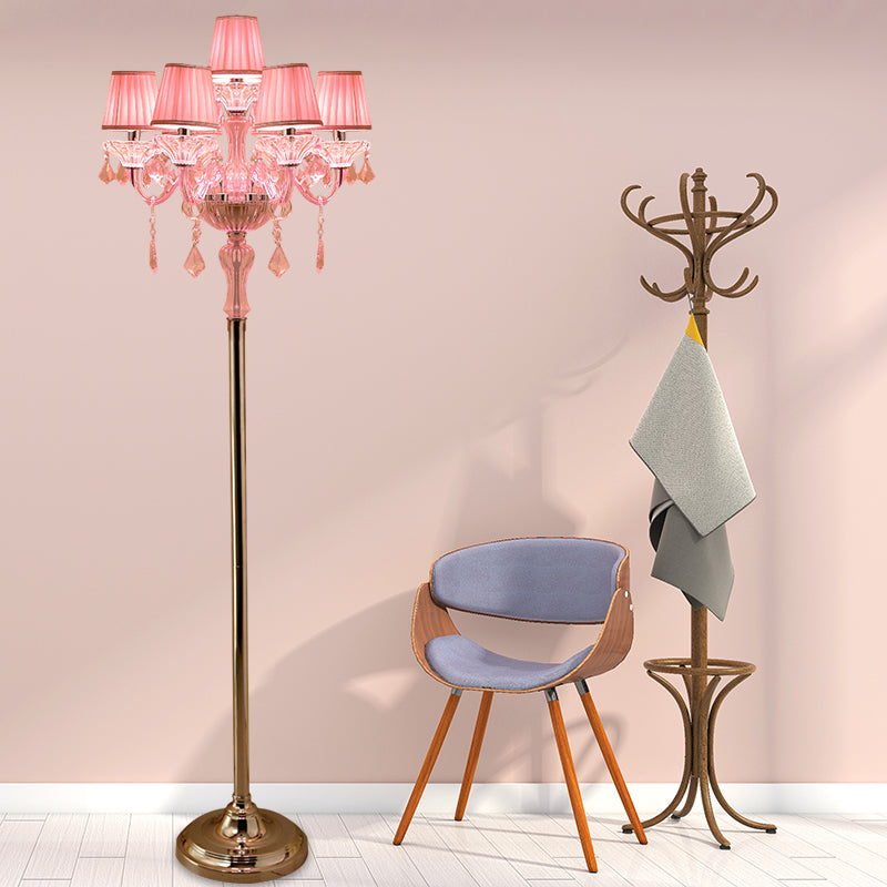 Crystal Pink Floor Reading Lamp Candlestick 5/6/7-Head Traditional Standing Light with Pleated Lampshade 7.0 Pink Clearhalo 'Floor Lamps' 'Lamps' Lighting' 1504531